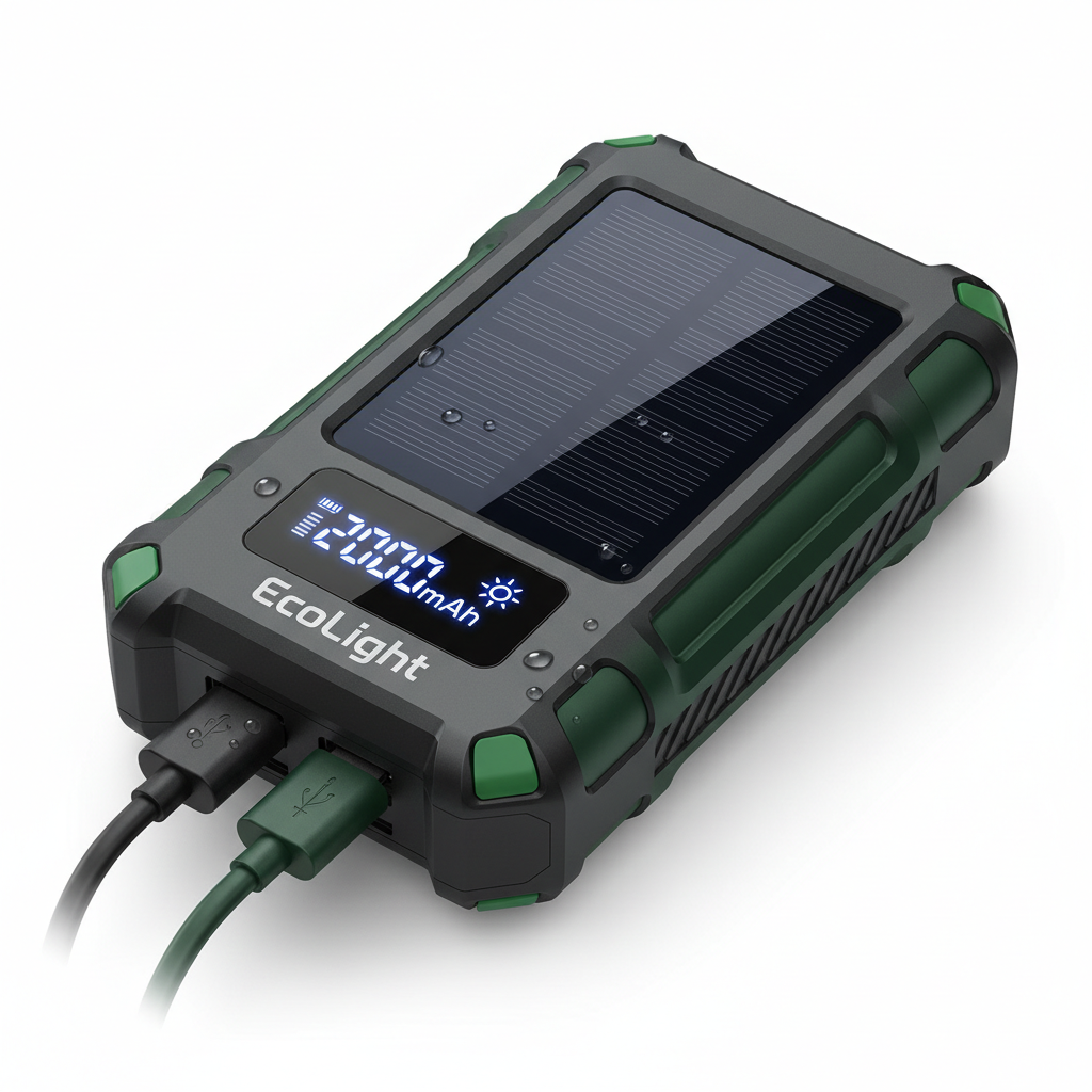 EcoLight Solar Power Bank with built-in cables and solar panel